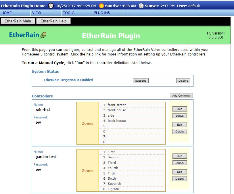 EtherRain HomeSeer Plug-in Main Page